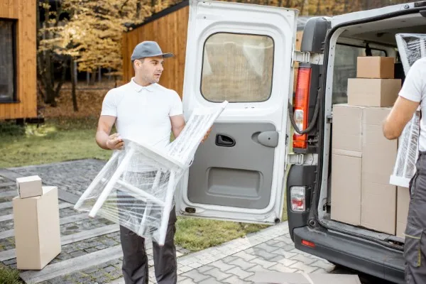 Trabajadores de mudanzas locales cargando cajas y una silla en una camioneta de mudanzas.