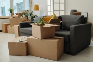 Interior de casa con sofá gris y múltiples cajas de cartón abiertas, técnica básica de como empacar una mudanza eficiente.