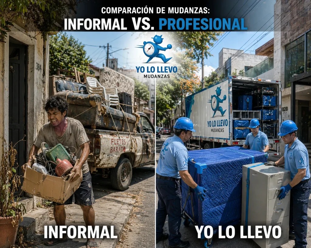 Imagen de una comparación entre una mudanza informal y una mudanza formal, la diferencia es que el equipo de “Yo lo llevo” realiza mudanzas en Zapopan de calidad