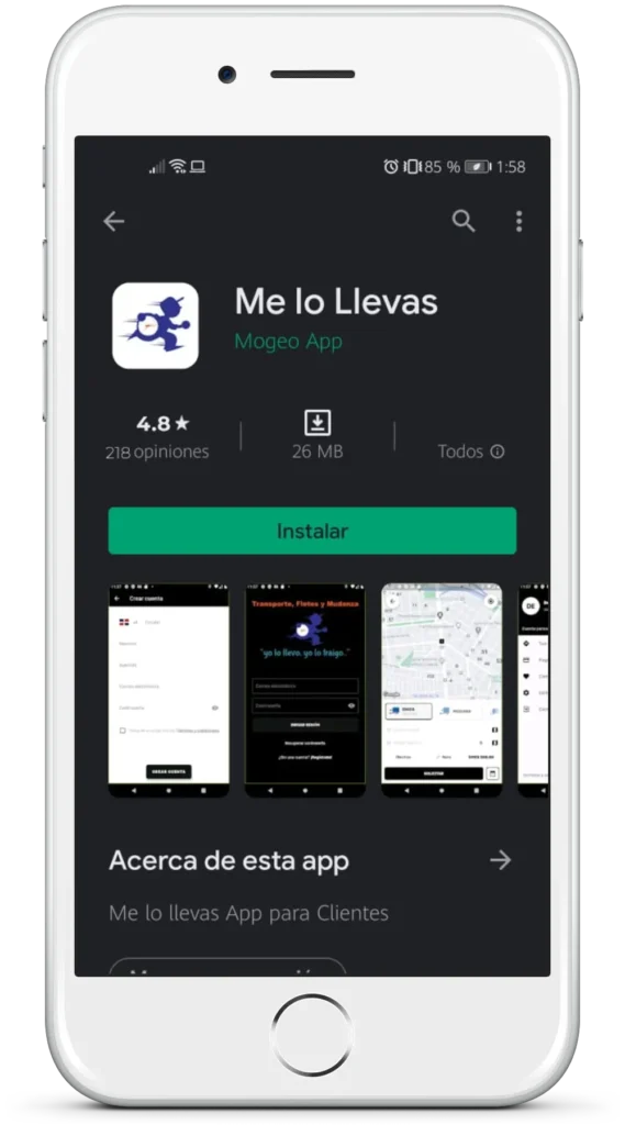 Servicio de fletes; Screenshot de una tienda de aplicaciones para descargar la app